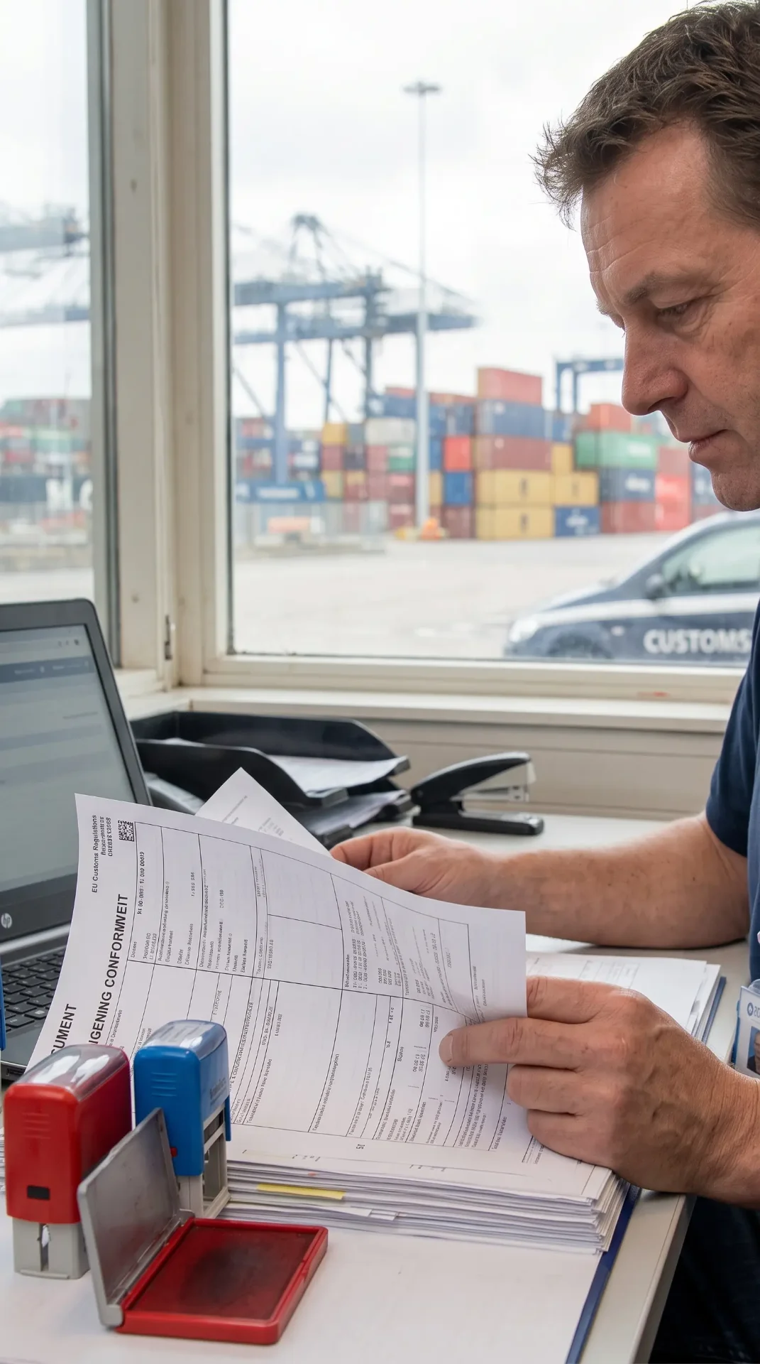 Douane-expert verwerkt EU in- en uitvoeraangifte in de haven van Rotterdam